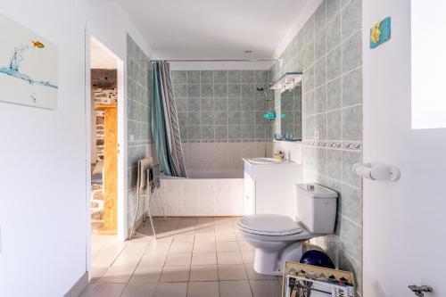a bathroom with a toilet and a bath tub at Charmante Longère La Meslière in Pannecé