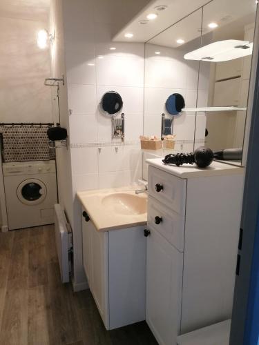 a bathroom with a sink and a washing machine at Les Alisiers in Eugénie-les-Bains