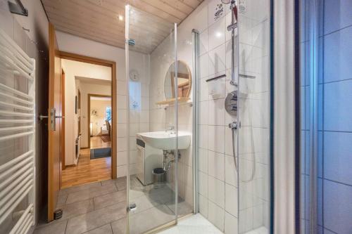 a bathroom with a shower and a sink and a toilet at Gästeapartment Hannover in Hannover