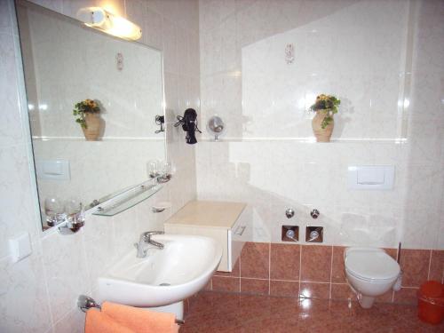 a bathroom with a sink and a toilet and a mirror at Ferienwohnung mit Terrasse, Garten in Gotha