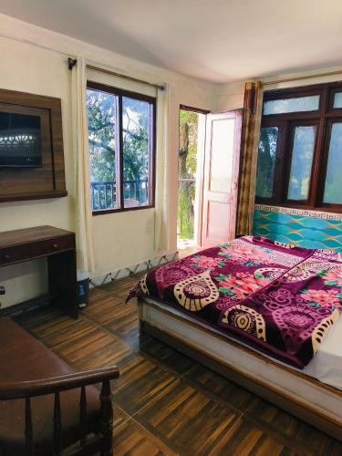 a bedroom with a bed and a piano and windows at The Plaza Dalhousie - Near Ghandhi Chowk Mall Road in Dalhousie