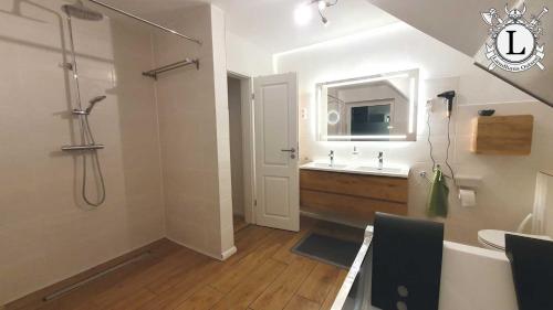 a bathroom with a shower and a sink and a mirror at Landhaus Ferien Ostsee in Sterup