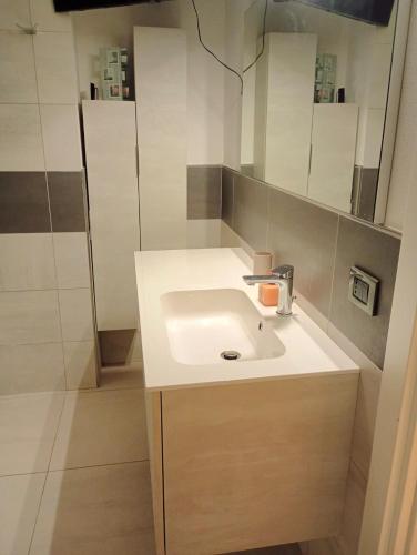 a bathroom with a white sink and a shower at Domus cinque in Borghetto Santo Spirito