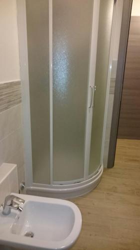a bathroom with a shower and a white sink at Camera Fenis in Fenis