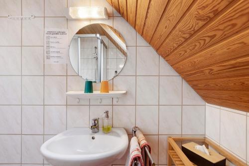 a bathroom with a sink and a mirror at Gästehaus Waldhüsle in Friedenweiler