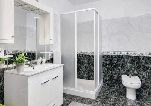 a white bathroom with a shower and a toilet at Villa com 4 apartamentos in Apúlia