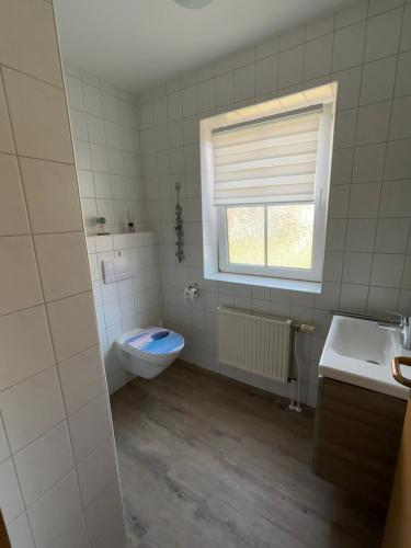 a bathroom with a toilet and a sink and a window at Ferienwohnung Charly in Carolinensiel