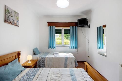 a bedroom with two beds and a tv and a window at Jorge Galinheiro Alojamento Local in Mamouros