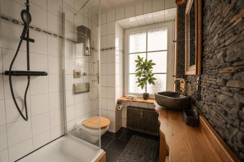 a bathroom with a shower and a sink and a toilet at Fewos Deutschherrenstraße in Trier