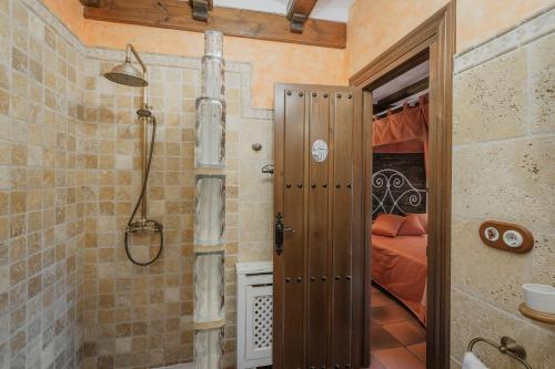 a bathroom with a shower and a shower backdoor at Casa Rural Los Beatos in Urueña