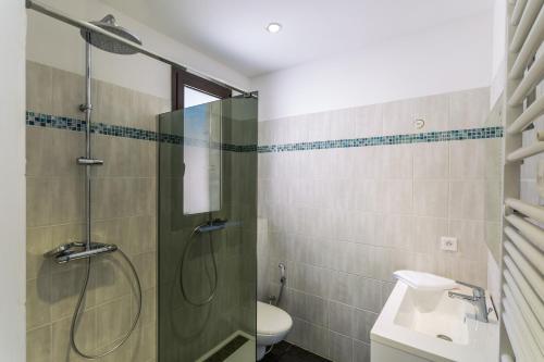 a bathroom with a shower and a toilet and a sink at Villa Kalliste in Olmeto