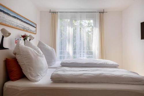 two pillows on a bed in front of a window at Ferienwohnung am Neumagen in Staufen im Breisgau