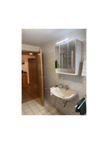 a bathroom with a sink and a mirror at Ferienwohnung Wernet in Schönwald
