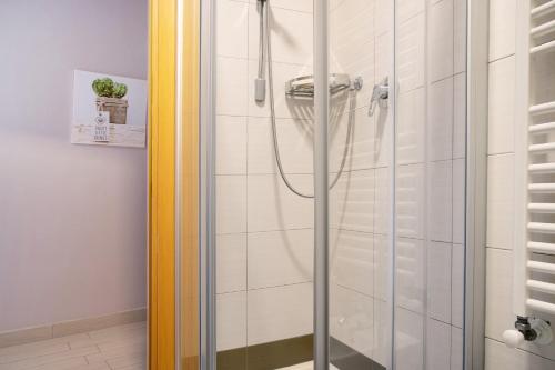 a shower with a glass door in a bathroom at Il sole di calde Lago maggiore 504 in Castelveccana