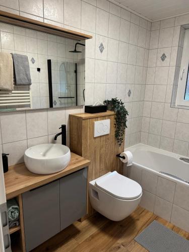 a bathroom with a toilet and a sink and a tub at Ahlers am Wald in Edewecht