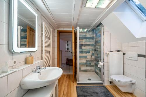 a bathroom with a sink and a shower and a toilet at Schwarzwaldmomente in Hornberg