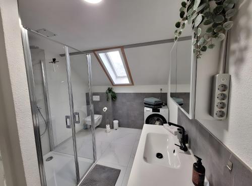 a white bathroom with a sink and a shower at Pure Vista Hank Schwarzwaldblick in Luttingen