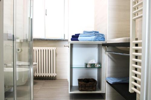 a bathroom with a walk in shower and a sink at Vichi's nest in Pianello Del Lario