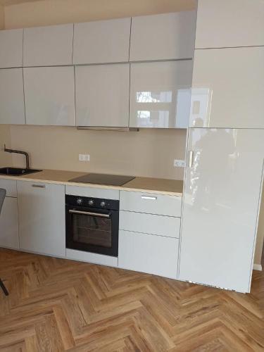 a kitchen with white cabinets and a stove top oven at Hotel zur Panke Wohnung 2 in Kolonie Röntgental