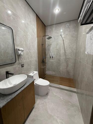 a bathroom with a shower and a toilet and a sink at Essenali in Taraz