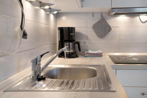 a kitchen counter with a sink in a kitchen at Ferienwohnung Landhaus Loose in Schashagen
