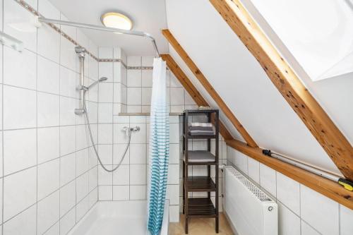 a bathroom with a shower in the attic at Ferienwohnung Bayerl in Kirchseeon