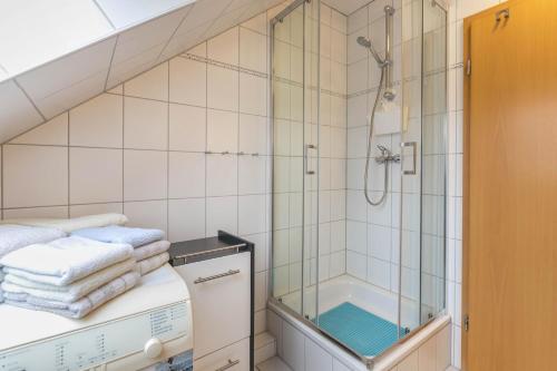 a bathroom with a shower and a sink at Ferienwohnung Frischauf in Flensburg