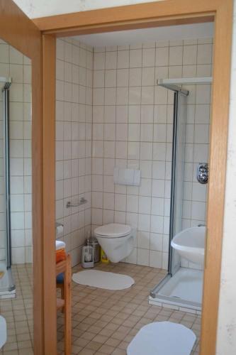 a bathroom with a toilet and a sink at Ferienwohnung Meins in Friesoythe