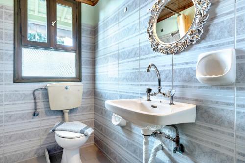 a bathroom with a sink and a toilet and a mirror at Old Boat 12 in Nikiana