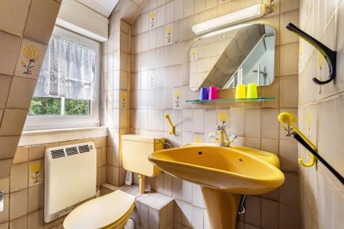 a bathroom with a yellow sink and a toilet at Haus Sonnenberg in Willingen