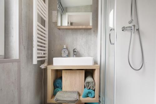 a bathroom with a sink and a toilet and a shower at Haus Heike in Untergriesbach