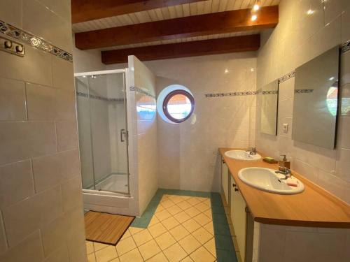 a bathroom with a sink and a shower at Entre Lacs et Sapins in Dortan