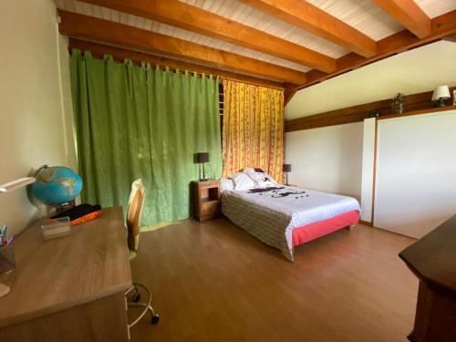 a bedroom with a bed and a green curtain at Entre Lacs et Sapins in Dortan