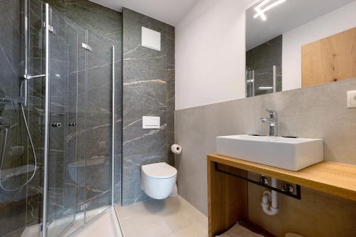 a bathroom with a shower and a sink and a toilet at Haus Mader 2 in Riscone