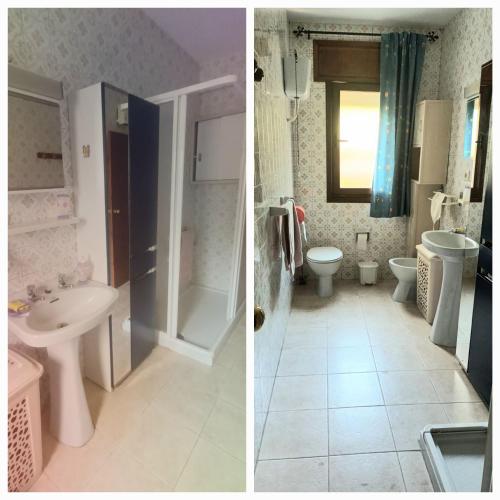 two pictures of a bathroom with a sink and a toilet at Casa Johana in El Arenal