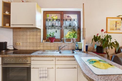 a kitchen counter with a sink and a window at Unterm Nussbäumle in Adelhausen