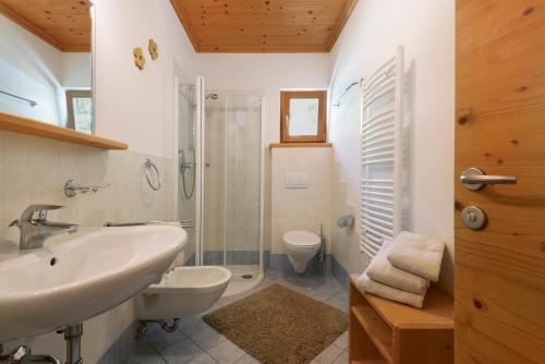 a bathroom with a sink and a shower and a toilet at Paracia App Pec in Badia