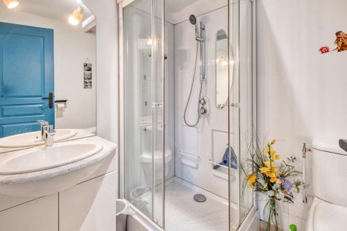 a bathroom with a shower and a sink at Logement Le Buffet De La Gare in Falgueyrat
