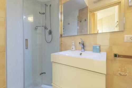 a bathroom with a sink and a shower at La finestra sul mare in Ospedaletti