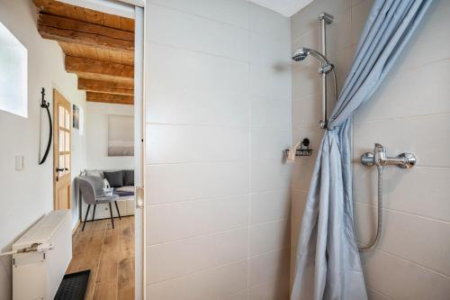 a bathroom with a shower with a blue curtain at Bezauberndes Lütt Hus in Damlos