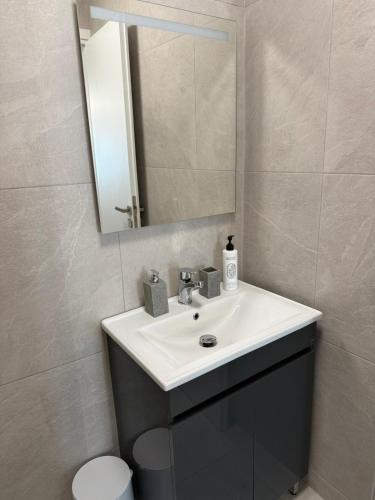 a bathroom with a sink and a mirror and a toilet at Nice & cosy central studios in Mikonos