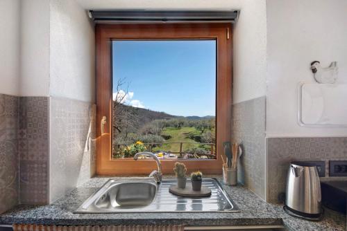 a kitchen counter with a sink and a window at Nature House Custu Giancu in Cichero