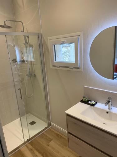a bathroom with a shower and a sink at Résidence Saint Pôl in Nogent-le-Rotrou