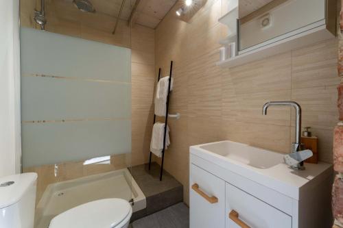 a bathroom with a white toilet and a sink at Studio à la campagne in Sarrians