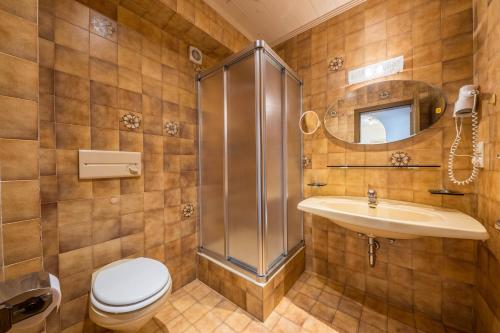 a bathroom with a shower and a toilet and a sink at Residence Kronstein - Fewo 6 in Tesimo