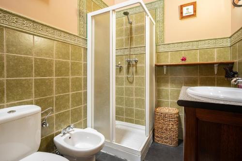 a bathroom with a shower and a toilet and a sink at Maseda 1 in Villayón