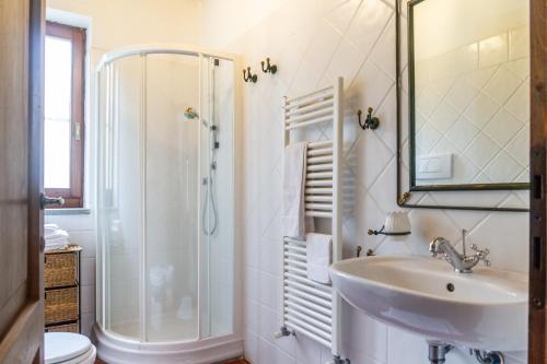 a white bathroom with a sink and a shower at Il Cancellone - Tartaruga in Montiano