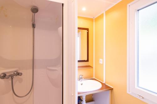 a bathroom with a shower and a sink at Mobilhome Le Chene in Saint-Pompont