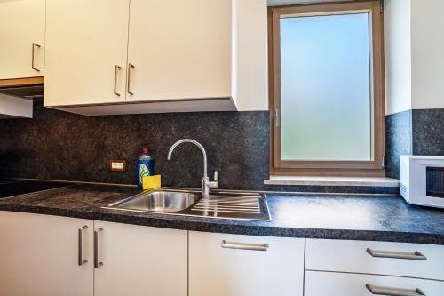 a kitchen with a sink and a microwave at Gartenheim App Josef in Schenna