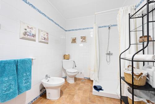 a white bathroom with a toilet and a shower at Cortijo Caracate in Archidona